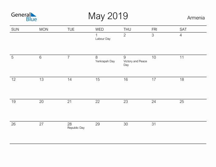 Printable May 2019 Calendar for Armenia