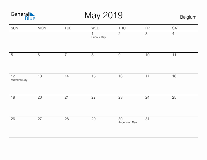 Printable May 2019 Calendar for Belgium