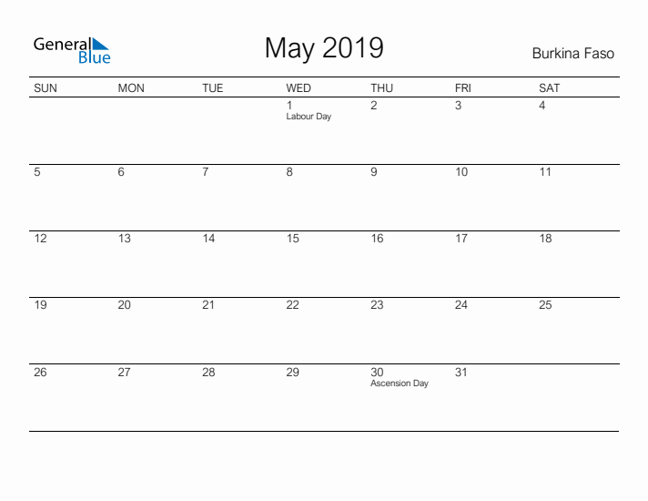 Printable May 2019 Calendar for Burkina Faso
