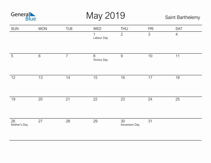 Printable May 2019 Calendar for Saint Barthelemy