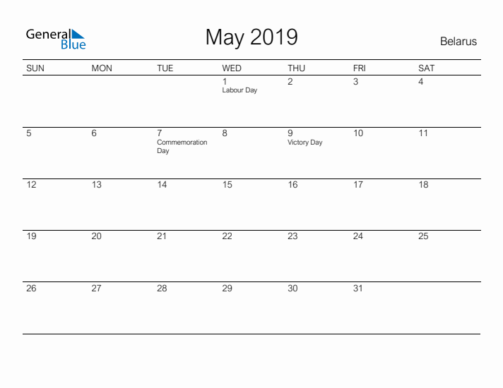 Printable May 2019 Calendar for Belarus