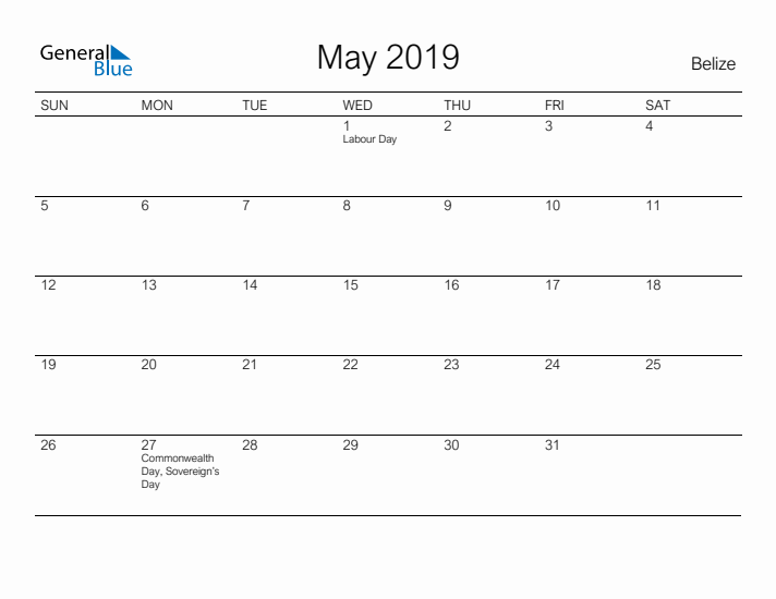 Printable May 2019 Calendar for Belize