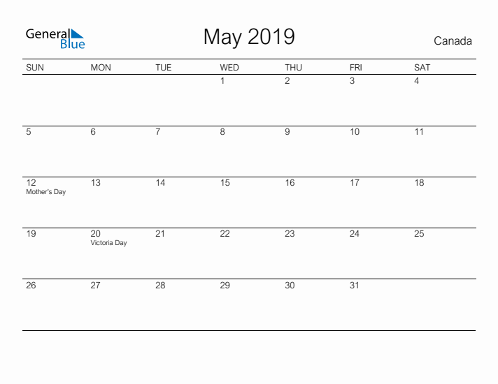 Printable May 2019 Calendar for Canada