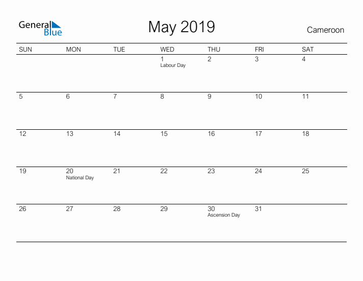 Printable May 2019 Calendar for Cameroon