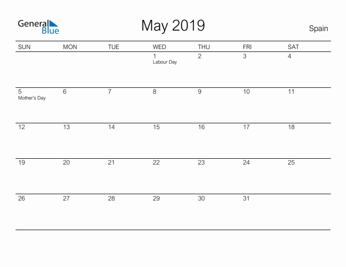 Printable May 2019 Calendar for Spain