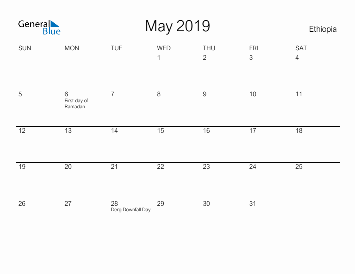 Printable May 2019 Calendar for Ethiopia