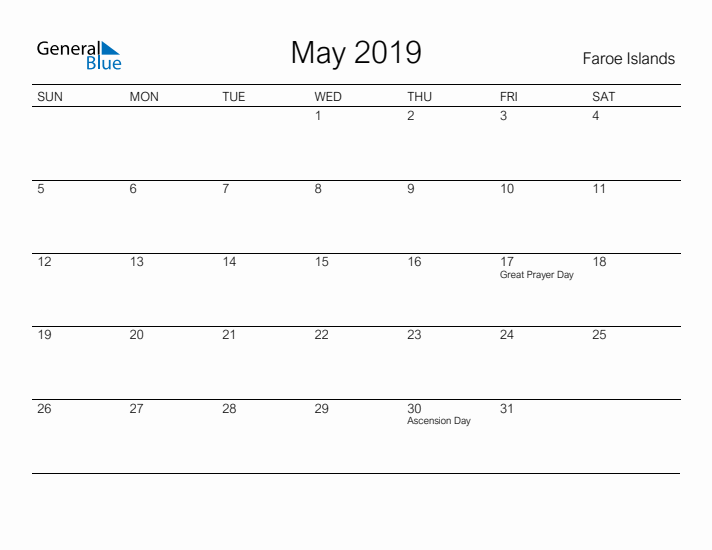 Printable May 2019 Calendar for Faroe Islands
