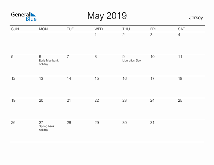 Printable May 2019 Calendar for Jersey