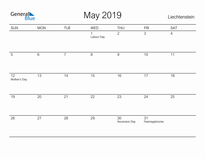 Printable May 2019 Calendar for Liechtenstein