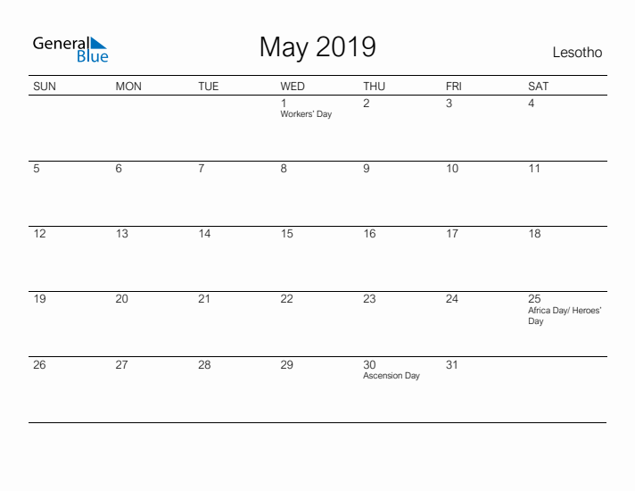 Printable May 2019 Calendar for Lesotho