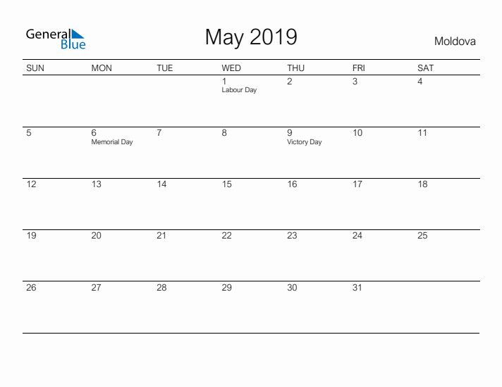 Printable May 2019 Calendar for Moldova