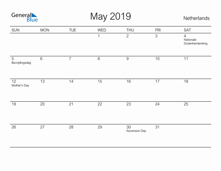 Printable May 2019 Calendar for The Netherlands