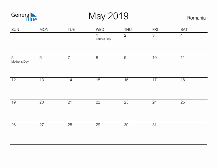 Printable May 2019 Calendar for Romania