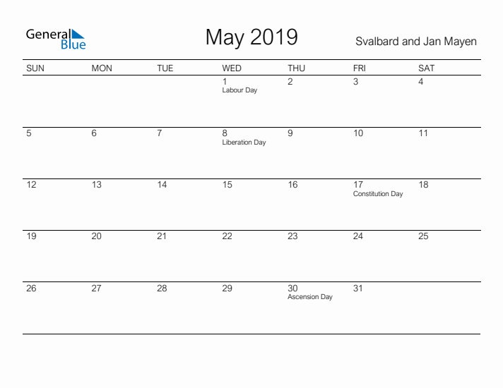 Printable May 2019 Calendar for Svalbard and Jan Mayen