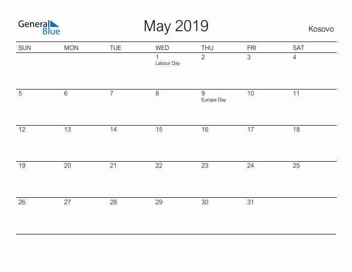 Printable May 2019 Calendar for Kosovo