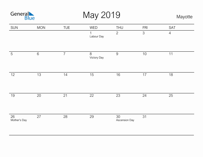 Printable May 2019 Calendar for Mayotte
