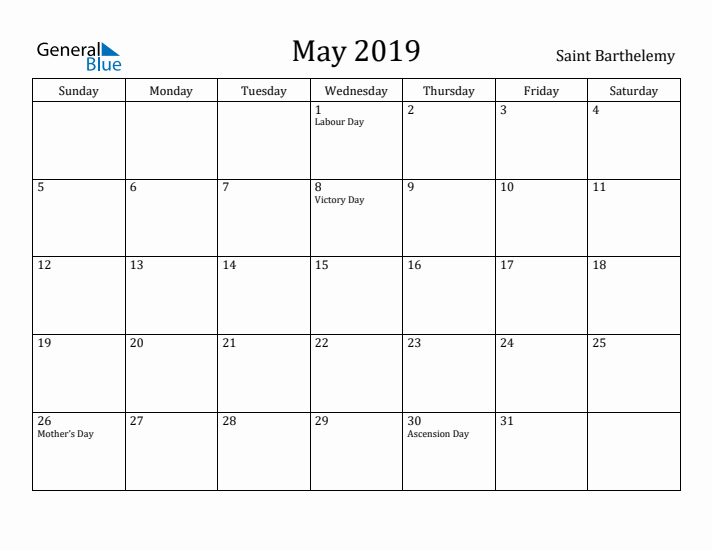 May 2019 Calendar Saint Barthelemy