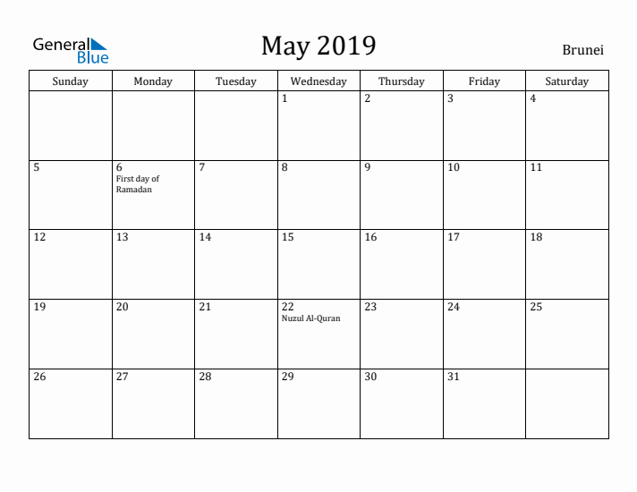 May 2019 Calendar Brunei