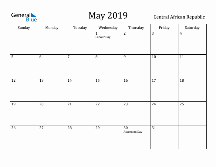 May 2019 Calendar Central African Republic