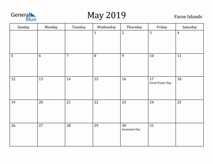May 2019 Calendar Faroe Islands