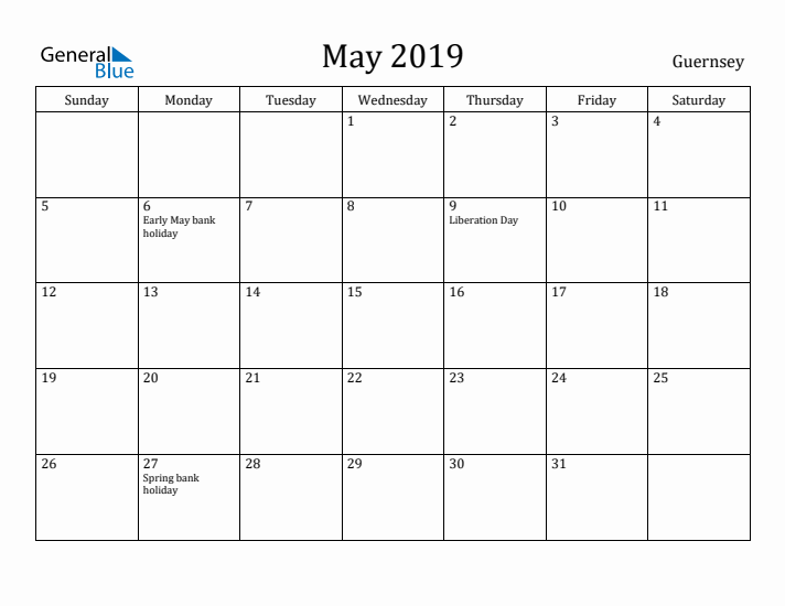 May 2019 Calendar Guernsey