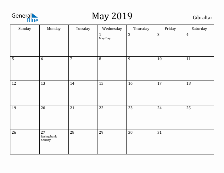 May 2019 Calendar Gibraltar