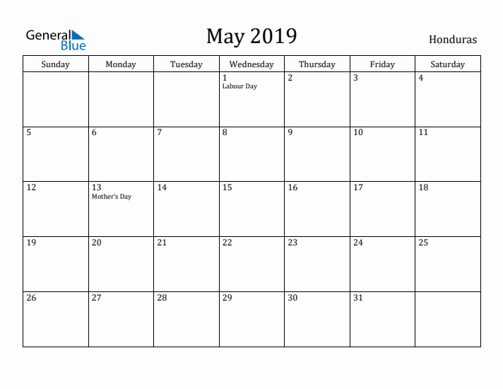 May 2019 Calendar Honduras