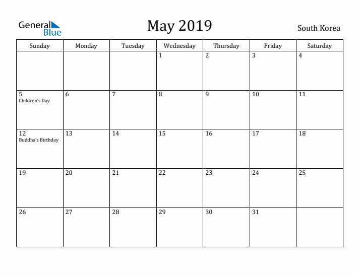 May 2019 Calendar South Korea