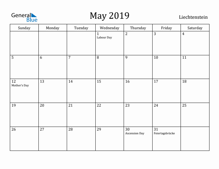 May 2019 Calendar Liechtenstein