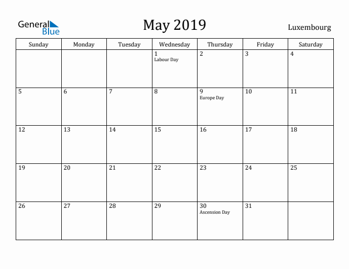 May 2019 Calendar Luxembourg