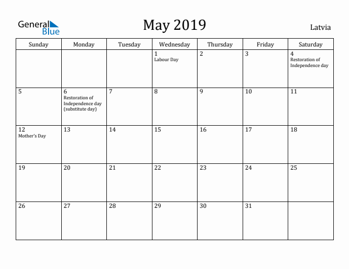 May 2019 Calendar Latvia