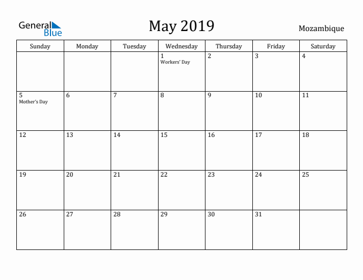May 2019 Calendar Mozambique