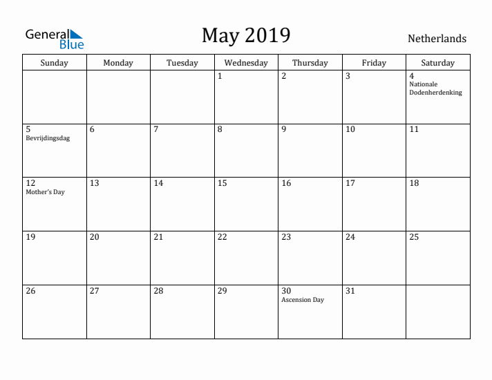 May 2019 Calendar The Netherlands