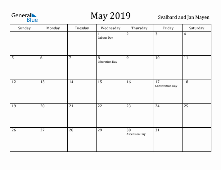 May 2019 Calendar Svalbard and Jan Mayen
