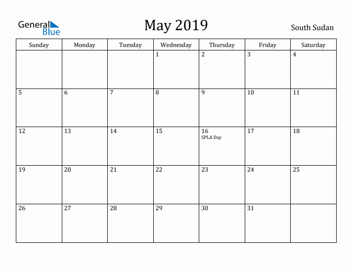 May 2019 Calendar South Sudan