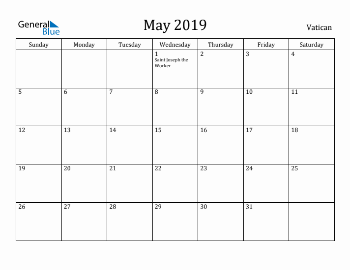 May 2019 Calendar Vatican