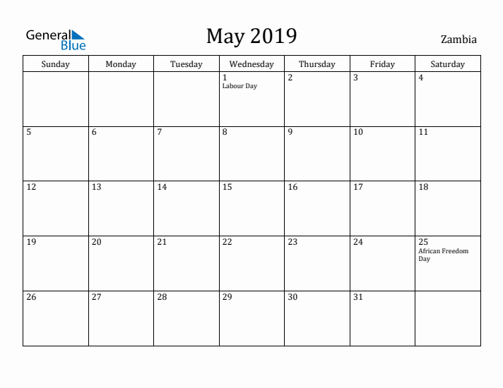 May 2019 Calendar Zambia