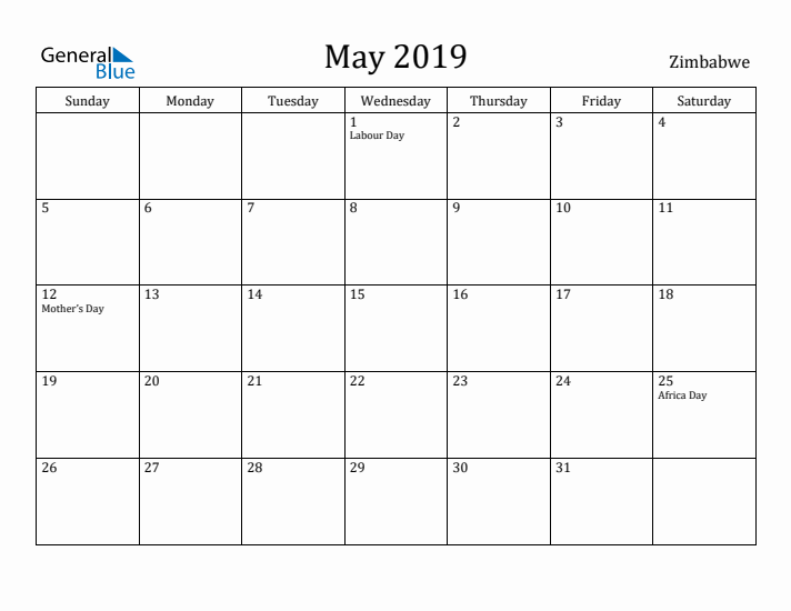 May 2019 Calendar Zimbabwe