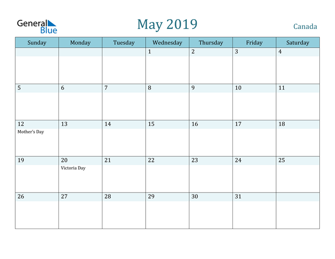 May 2019 Calendar with Holidays in PDF, Word, and Excel