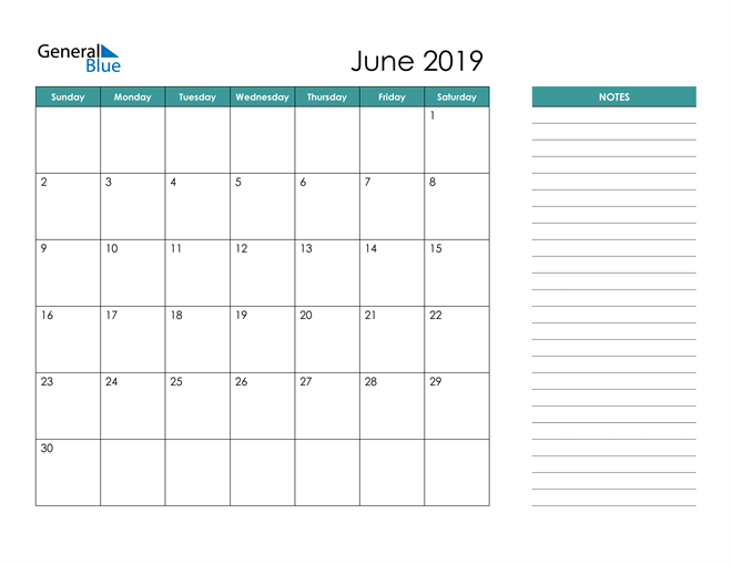  June 2019 Calendar with Notes