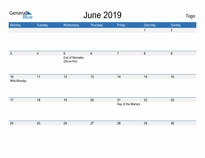 Fillable June 2019 Calendar