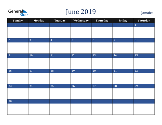 Jamaica June 2019 Calendar with Holidays