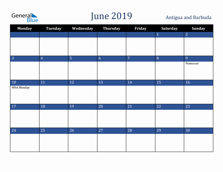 June 2019 Antigua and Barbuda Calendar (Monday Start)