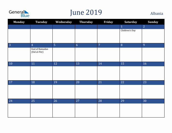 June 2019 Albania Calendar (Monday Start)