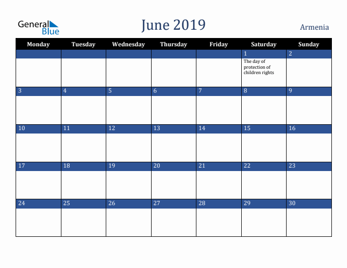June 2019 Armenia Calendar (Monday Start)