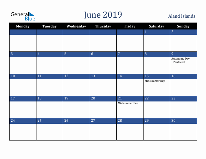 June 2019 Aland Islands Calendar (Monday Start)