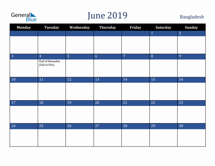 June 2019 Bangladesh Calendar (Monday Start)