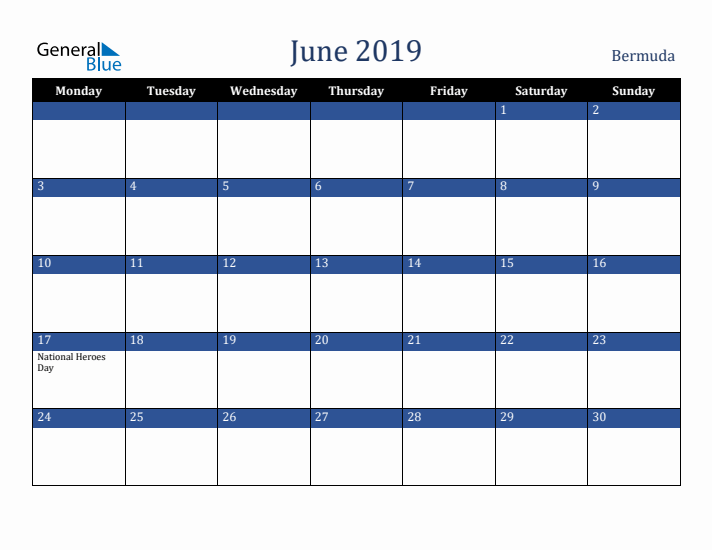 June 2019 Bermuda Calendar (Monday Start)