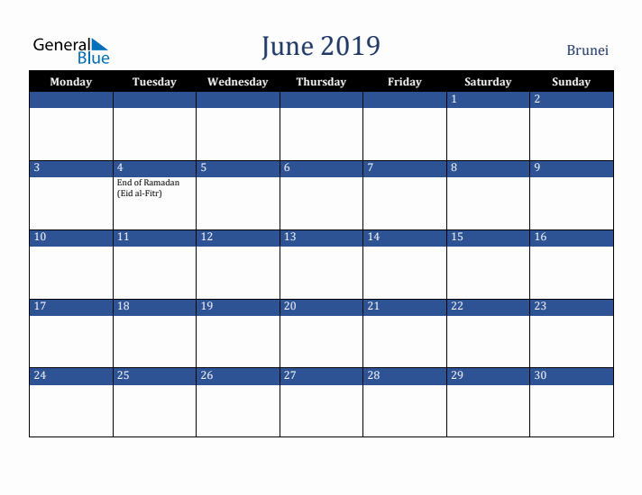 June 2019 Brunei Calendar (Monday Start)