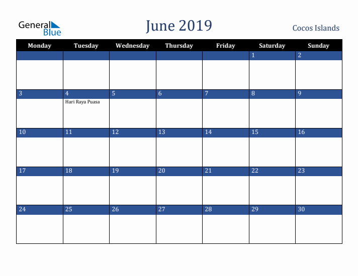 June 2019 Cocos Islands Calendar (Monday Start)